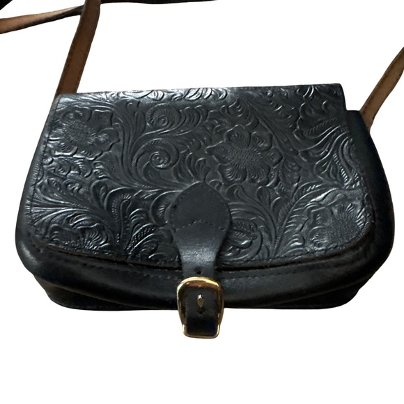 Handbags - Vintage Black Embossed Leather Crossbody Bag